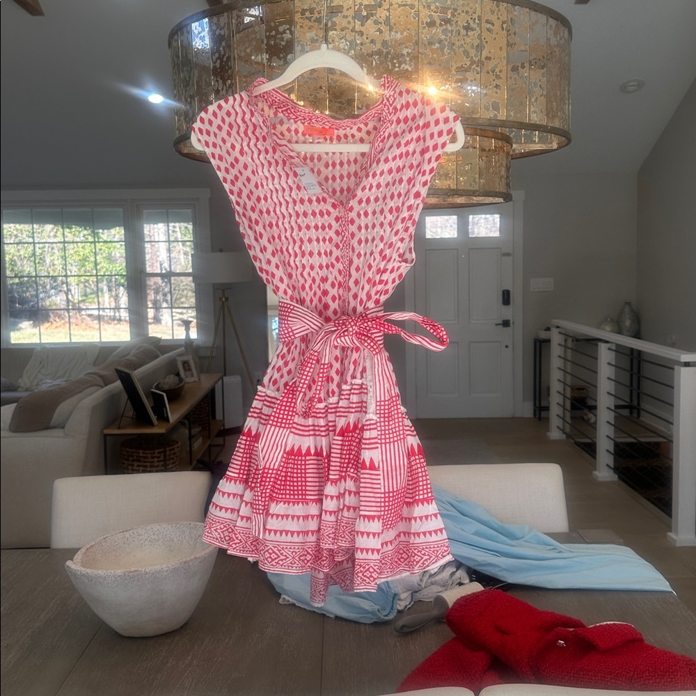 Red and White Patterned Women's dress / cover-up with matching tie belt
